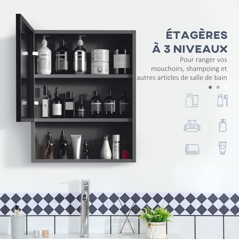 kleankin Armoire de toilette mural miroir salle de bain en acier inoxydable avec porte et étagère dim.46 x 13,5 x 58 cm noir
