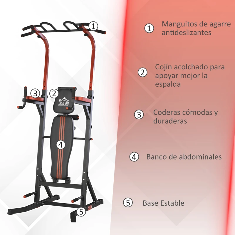 HOMCOM Estación de Musculación Torre de Entrenamiento con Altura Ajustable y Respaldo Regulable en 5 Posiciones Barra de Dominadas Fitness Flexiones Acero 108x178x202-238 cm Negro