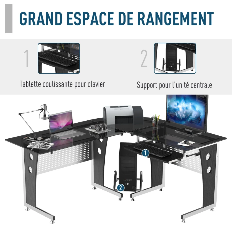 HOMCOM Bureau d'Angle en Verre Fumé Trempé Noir