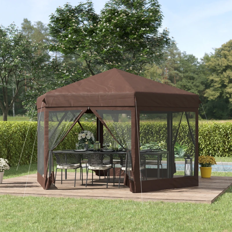 Outsunny 3.5m x 4m Hexagonal Pop Up Gazebo, Canopy Tent Sun Shelter for Patio Outdoor Party, Height Adjustable, with Mosquito Netting and Carry Bag - Brown