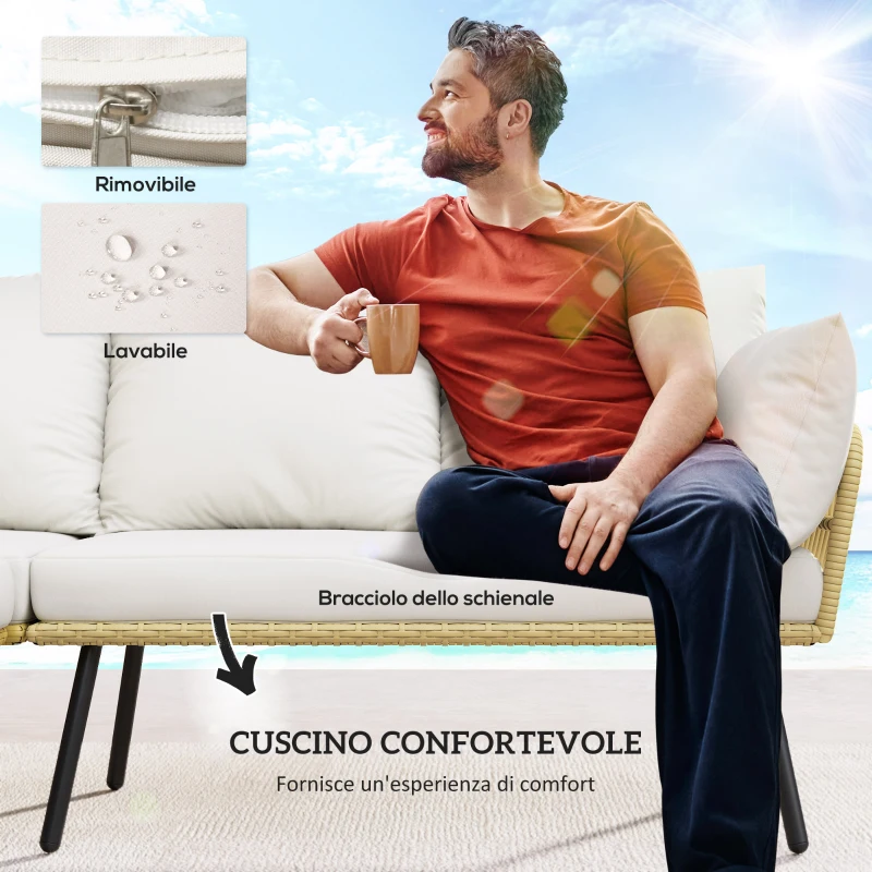 Outsunny Set da Giardino 4 Pezzi in Rattan PE con Tavolino da Esterni 90x45x42 cm e 2 Divanetti per Esterni 6ex63x74 cm, Bianco Crema