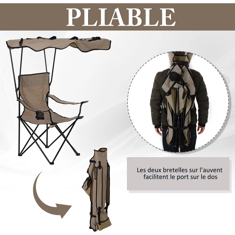 HOMCOM Chaise de Camping Pliable Grand Confort Pare-Soleil + Porte-gobelets intégrés, possibilité d'être portée en Sac à Dos Marron Noir