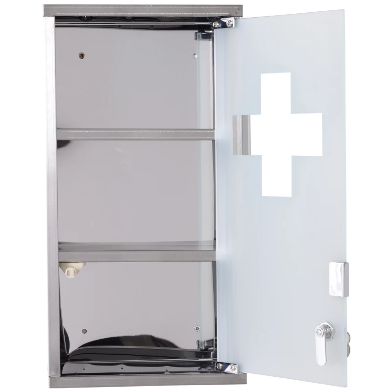 HOMCOM Stainless Steel wall mounted Medicine Cabinet with 2 Shelves + Security Glass Door Lockable 48 cm(H)