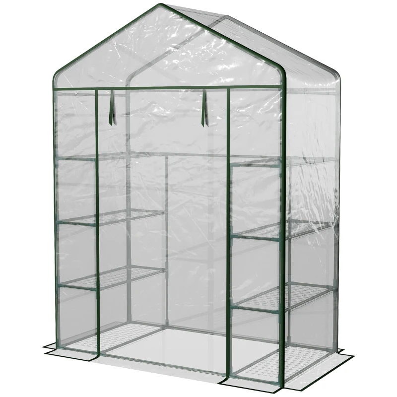 Outsunny Walk in Greenhouse with 4-Tier 8 Shelves, Green House with Hemmed Cover, Roll-up Zipped Door, Steel Frame, 143 x 73 x 195cm