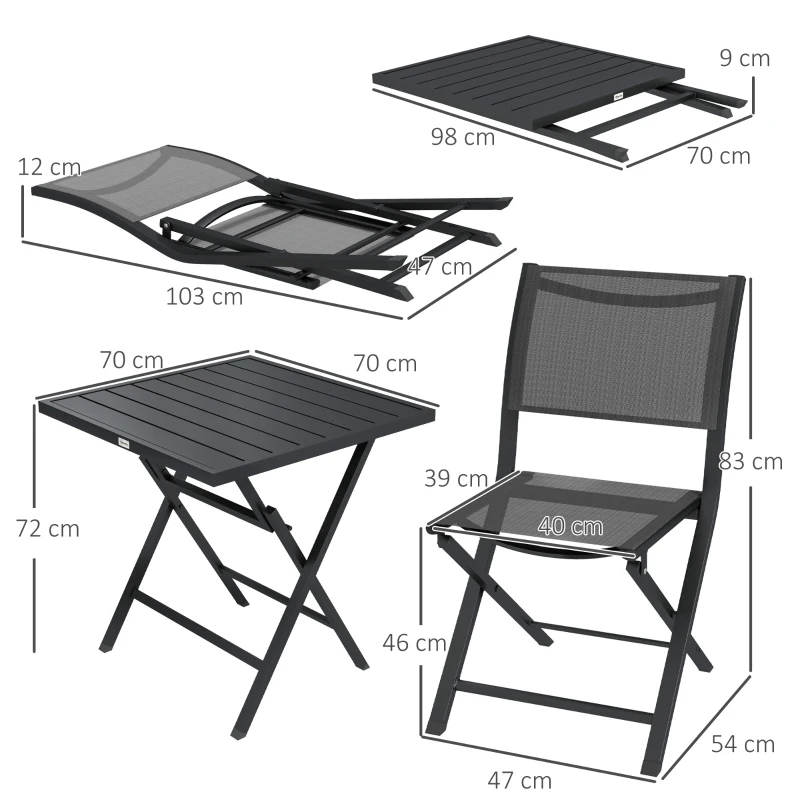 Outsunny Ensemble salon de jardin 2 personnes 2 chaises et 1 table pliantes pour l'Extérieur cadre en Aluminium, Gris anthracite