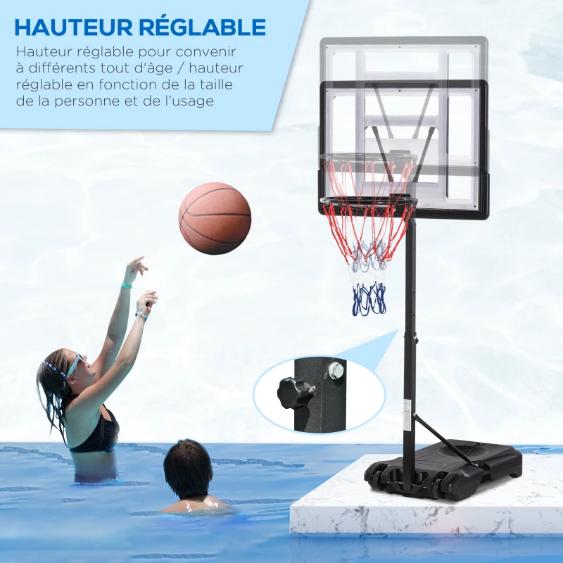 HOMCOM Panier de basket extérieur pour Bord de Piscine Poteau Panneau, Base de lestage sur roulettes Hauteur de l'arceau réglable 1,1-1,3 m Noir Blanc