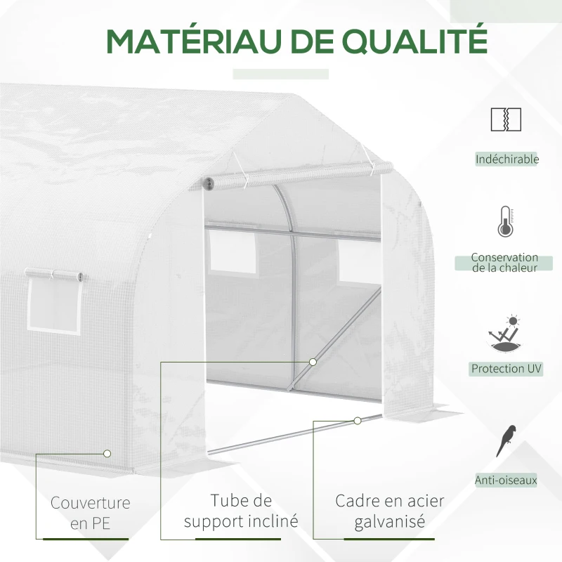 Outsunny Serre Tunnel de Jardin 10,5 m² dim. 3,5L x 3l x 2H m Porte + 6 fenêtres enroulables Acier galvanisé bâche PE Haute densité Blanc