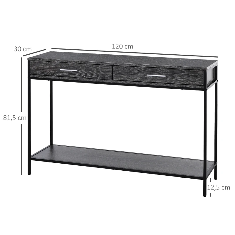 HOMCOM Table console table d'entrée design industriel dim. 120L x 30l x 81H cm 2 tiroirs étagère acier noir panneaux particules bois gris