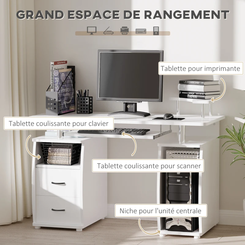 HOMCOM Bureau informatique multimédia multi-rangements 120L x 55l x 85H cm en bois blanc