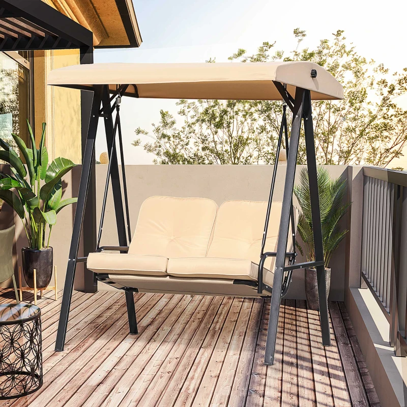 HOMCOM Balancelle de Jardin 2 Places Grand Confort Coussins d'assise et Dossier fournis accoudoirs Pare-Soleil Sable