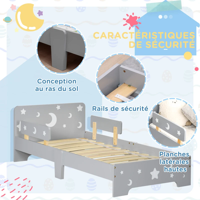 ZONEKIZ Lit pour enfants de 3 à 6 ans design étoiles et lune sommier à lattes inclus chambre moderne 143 x 76 x 49 cm gris