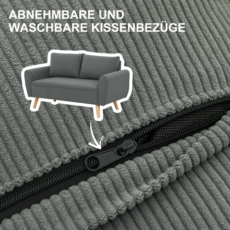 HOMCOM Zweisitzer-Sofa, Stoffcouch, 2 Rückenkissen, Cordbezug, 145 x 75 x 78 cm, Anthrazit(m-8)