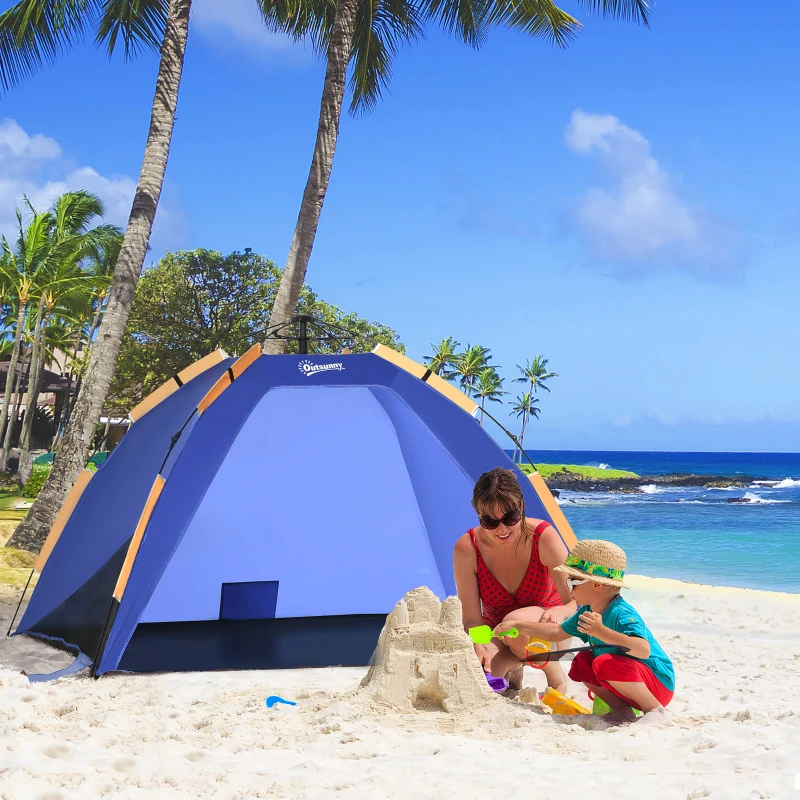 Outsunny Strandmuschel, Strandzelt, Pop up Campingzelt, Netzfenster, Tragetasche, 2-3 Personen, Fiberglas, 210 x 140 x 120 cm