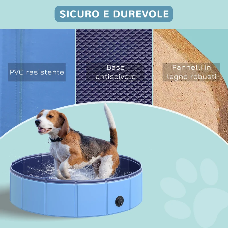 PawHut Piscina Pieghevole per Cani in Plastica con Bordo Stabile per Animali Domestici, Ø80 x 20 cm, Blu