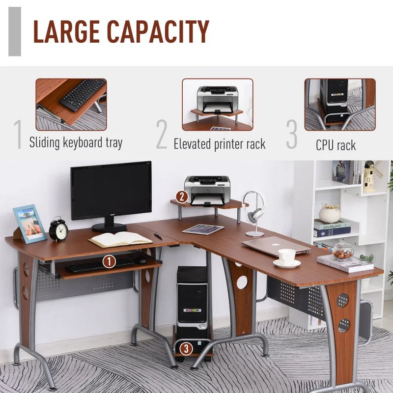 HOMCOM L-Shaped Corner Work Desk Gaming Office w/ Steel Frame CPU Rack Keyboard Tray Space-Saving Melamine Coating Computer Home Workstation Brown