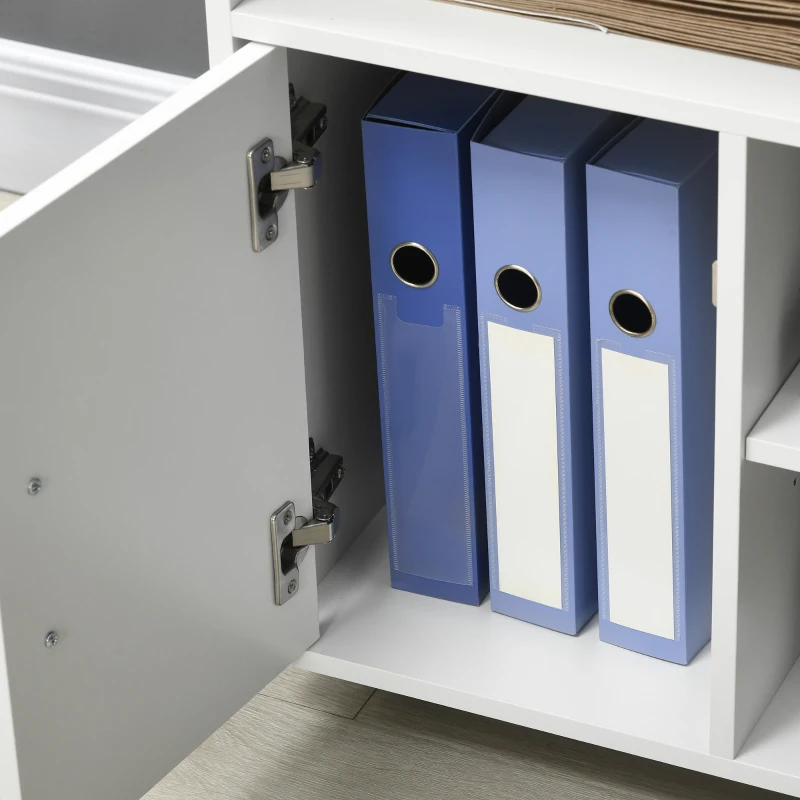 HOMCOM Support d'imprimante organiseur bureau caisson placard porte 3 niches + grand plateau panneaux particules blanc