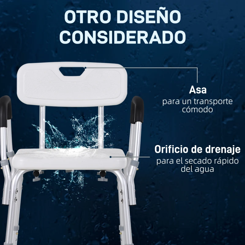 HOMCOM Silla para Ducha Taburete de Ducha Antideslizante con Altura Ajustable y Reposabrazos Regulable Carga 136 kg