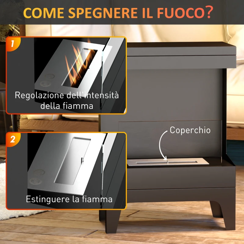 HOMCOM Camino a Bioetanolo Autoportante con Bruciatore da 0.9L e Durata 3.3 Ore, 38x22x54 cm, Nero