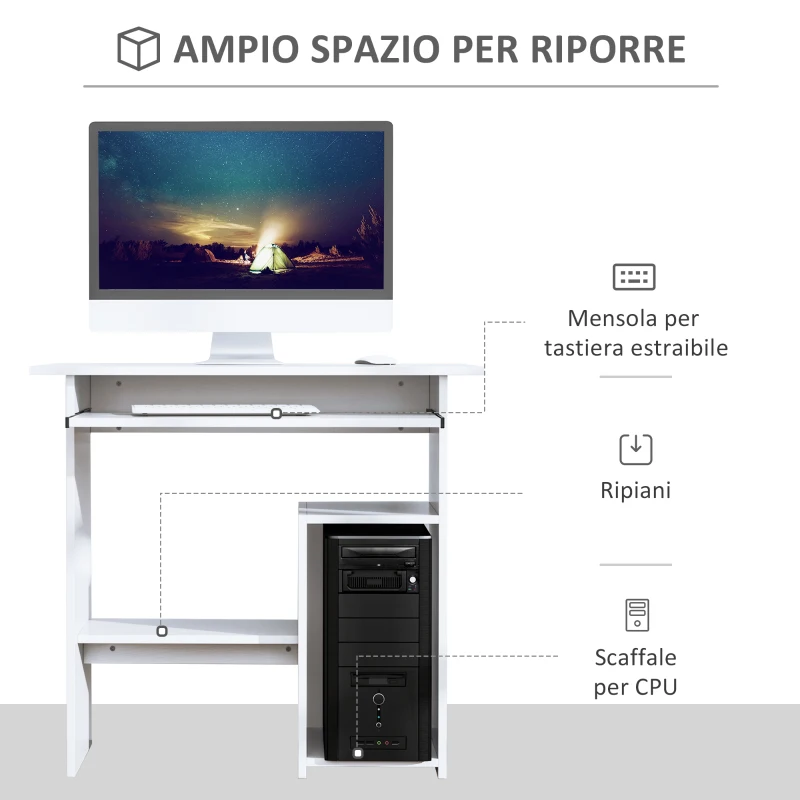 HOMCOM Scrivania Salvaspazio da Casa e Ufficio, Moderna Scrivania per Computer, Porta PC, Ripiano per CPU e Mensola per Tastiera Estraibile in Legno, 80x45x75cm, Bianco