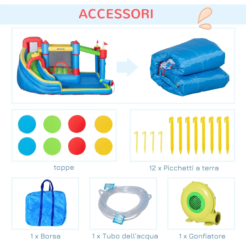 Outsunny Castello Gonfiabile per Bambini con Scivolo, Trampolino e Piscina, 390x300x197cm
