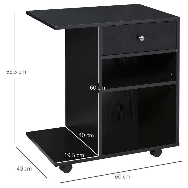 Vinsetto Druckertisch, Druckerständer, Bürowagen, Rollwagen mit Schublade+2 Ablagen+CPU-Ständer, Spanlatte, Schwarz, 60 x 40 x 68,5 cm