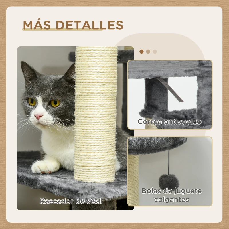 PawHut Torre para Gatos Grande de 144 cm con Postes para Rascar Cama Cueva Plataformas y Bolas Colgantes 49x49x144 cm Gris