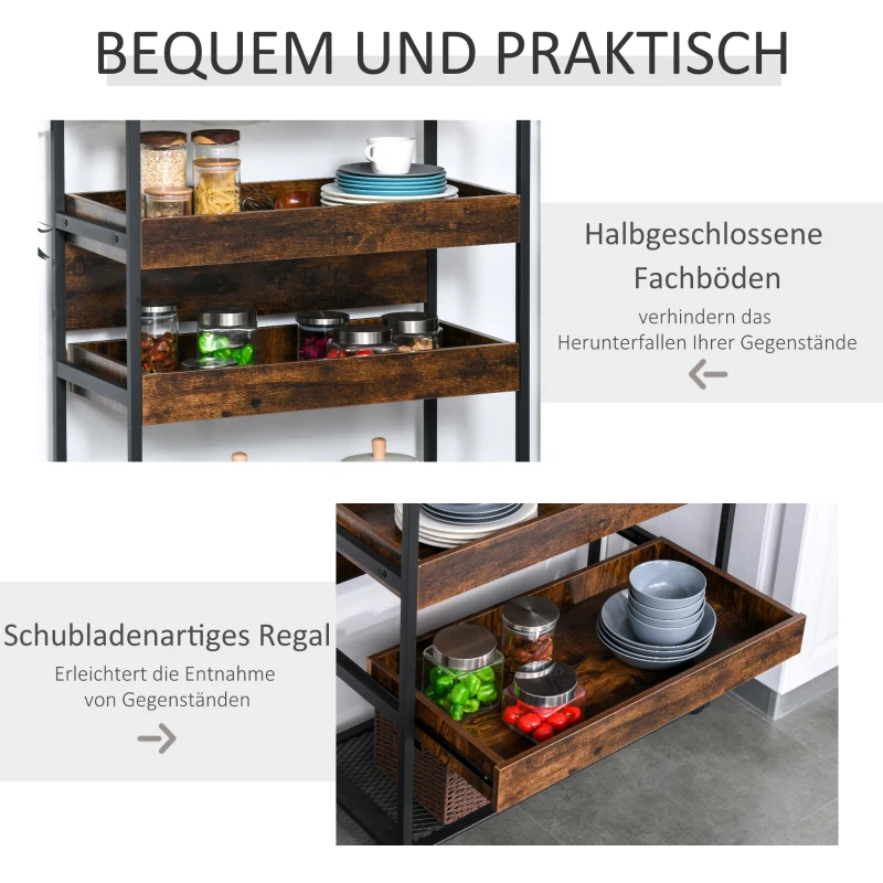 HOMCOM Küchenwagen Küchenrollwagen Servierwagen 3-stöckige Küchenregal Industrie-Design mit verstellbaren Füßen Rustikales Braun 80 x 40 x 90 cm