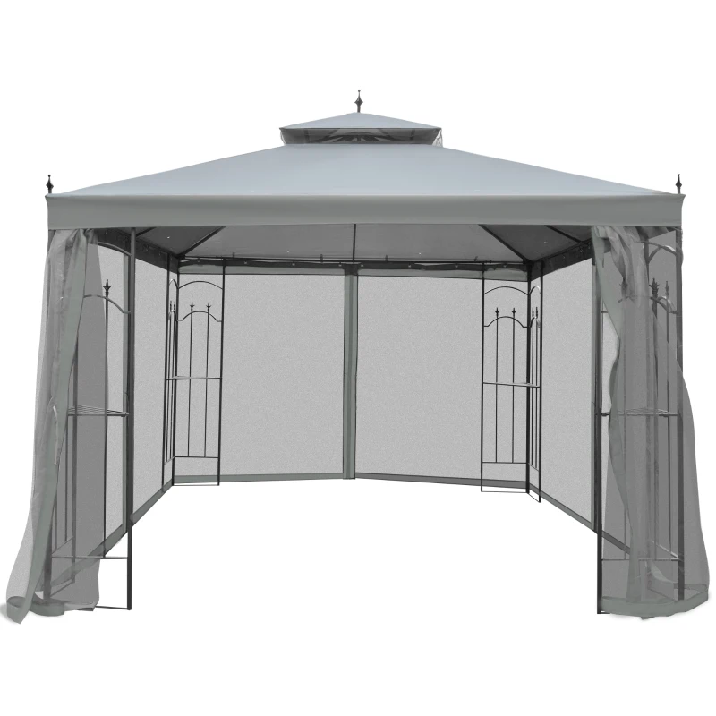 Outsunny 3(M)x3(M) Garden Gazebo Double Top Outdoor Canopy Patio Event Party Wedding Tent Backyard Sun Shade with Netting - Grey
