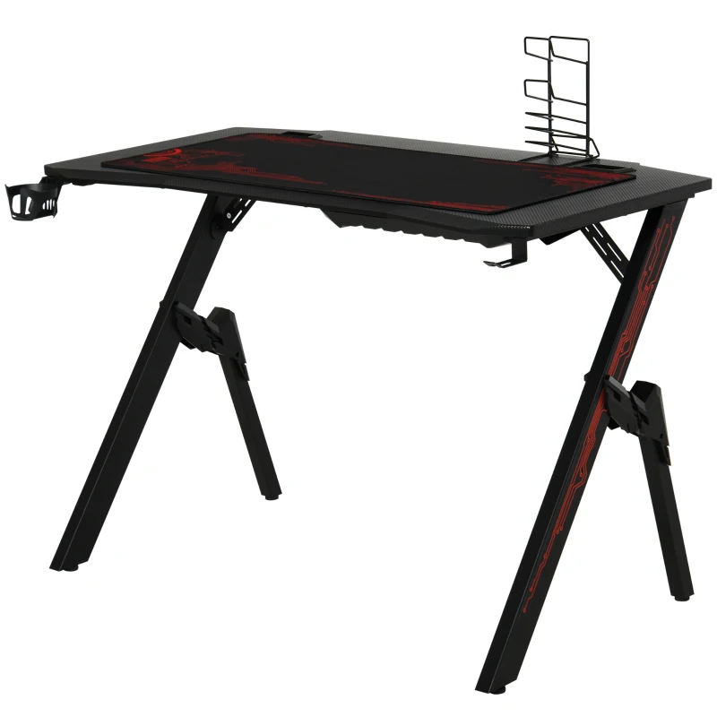 HOMCOM Gaming Desk, Racing Style Computer Table with Game Handle Holder, Cupholder, Headset Hook and Spider Leg for Study Workstation, Black