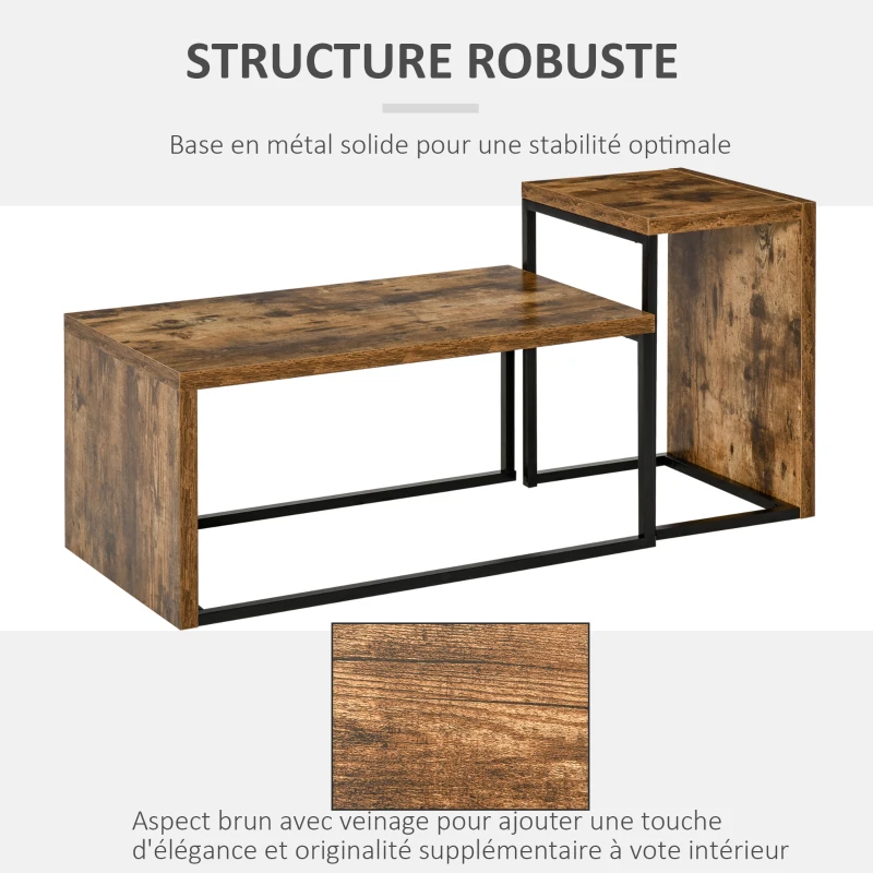 HOMCOM Lot de 2 Tables Basses gigognes Design Industriel encastrable dim. Grande Table 90L x 48l x 42H cm métal Noir Aspect Vieux Bois
