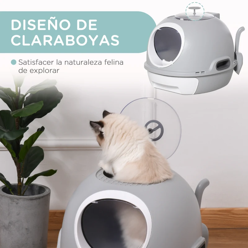 PawHut Caja de Arena para Gatos Arenero Cerrado con Claraboya Abatible Bandeja Extraíble y Pala 47x55x44 cm Gris