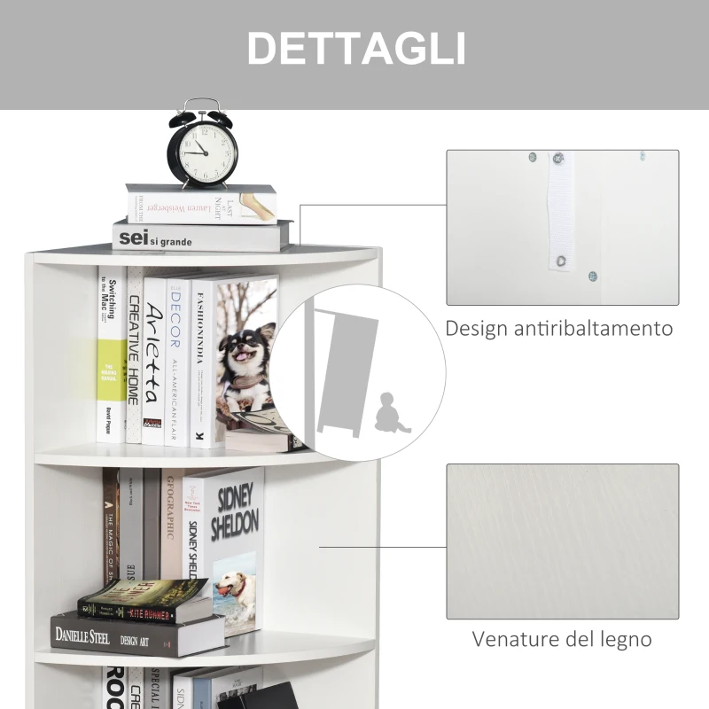 HOMCOM Libreria ad Angolo 4 Ripiani a Muro e Parete Legno 39.5x39.5x120cm Bianco