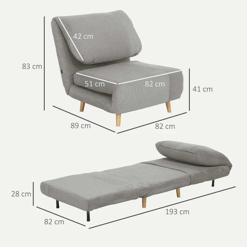 HOMCOM 2-in-1 Schlafsessel Gästebett, verstellbare  Kopfstütze Cord-Optik 82 cm x 8 cm x 83 cm Grau