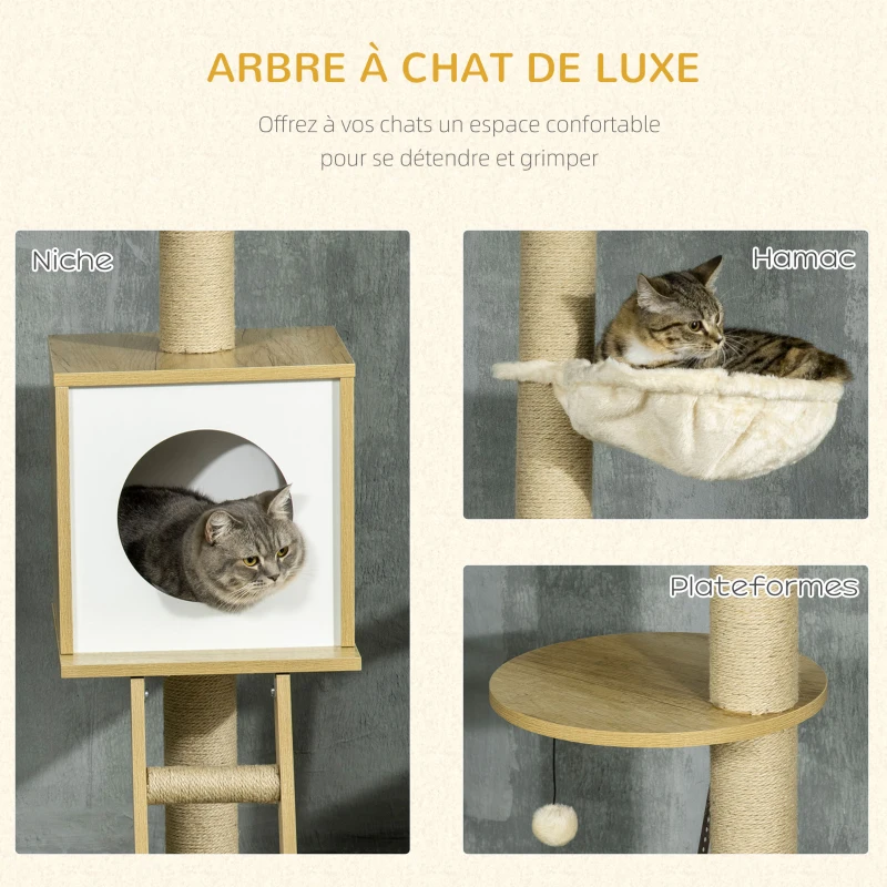 PawHut Arbre à chat sol au plafond hauteur réglable 225-285 cm avec poteau à gratter 4 niveaux niche hamac échelle jeux beige
