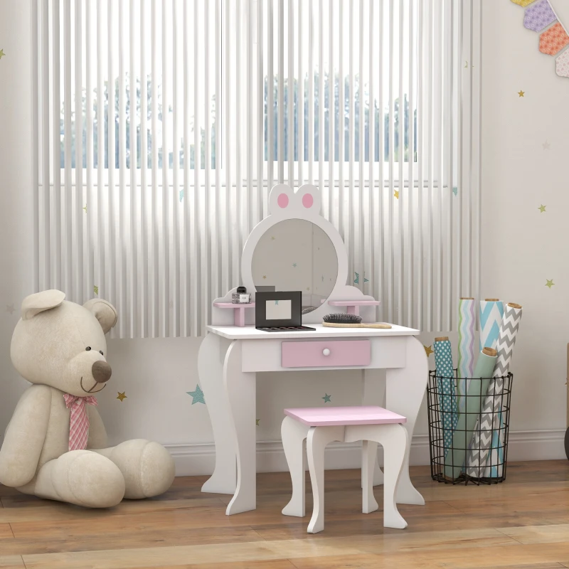 ZONEKIZ Bunny-Design Kids Dressing Table, with Mirror and Stool - White and Pink