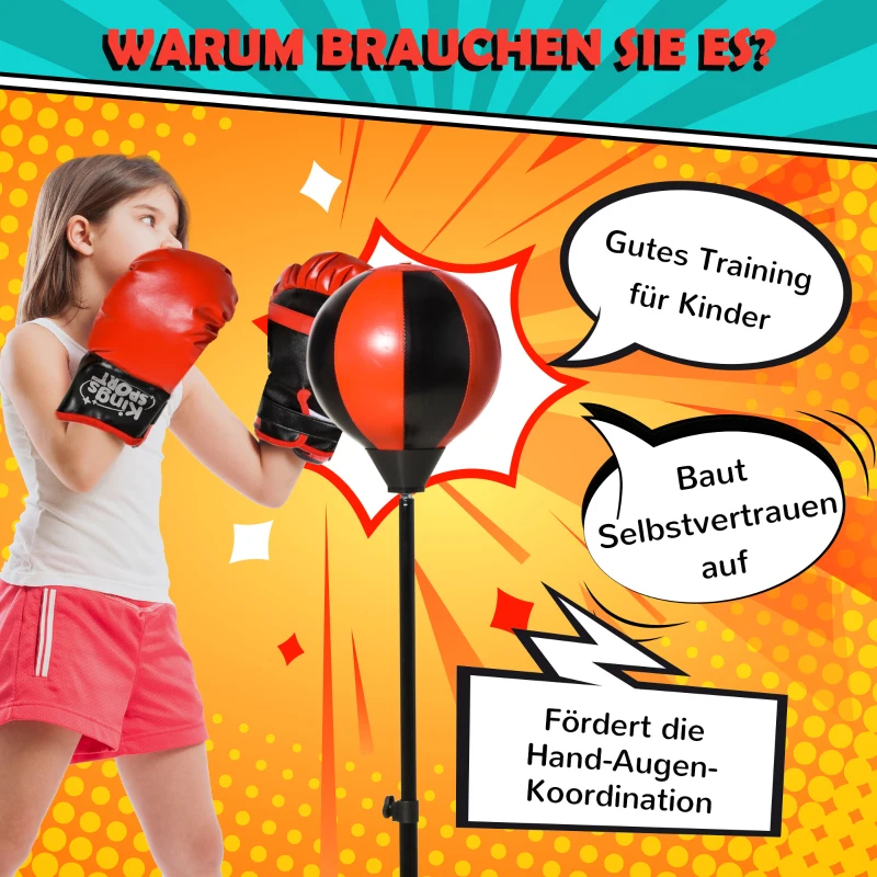 HOMCOM Kinder Boxstand, Boxsack,Punchingball Set mit Boxhandschuhe, Boxset für Kinder, höhenverstellbar Reaktionstraining, Schwarz+Rot, 38 x 38 x 78-120 cm