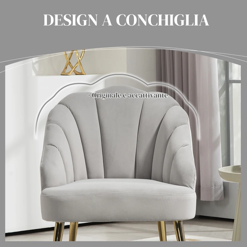HOMCOM Poltrona in Velluto da Camera e Salotto a Conchiglia Stile Art Deco, Acciaio, 63x65x84 cm, Grigio