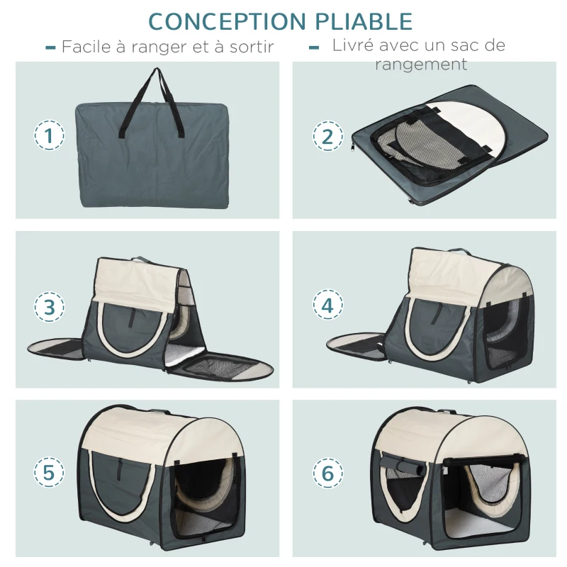 PawHut Sac caisse de transport pour chiens et chats pliable avec coussin, tissu oxford imperméable, dim. 81L x 56l x 66H cm