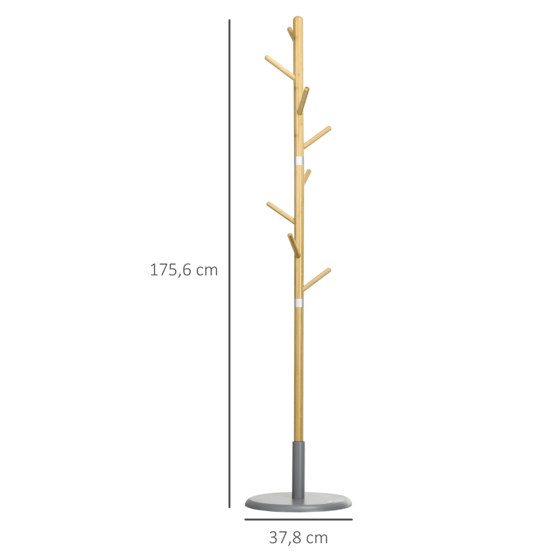 HOMCOM Perchero de Entrada Recibidor con 8 Ganchos para Colgar Ropas Bolsas en Forma de Árbol Ø37,8x175,6 cm Natural y Gris