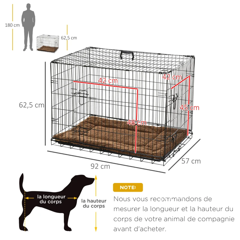 PawHut Cage caisse de transport pliante pour chien poignée, plateau amovible, coussin fourni 92 x 57 x 62,5 cm noir