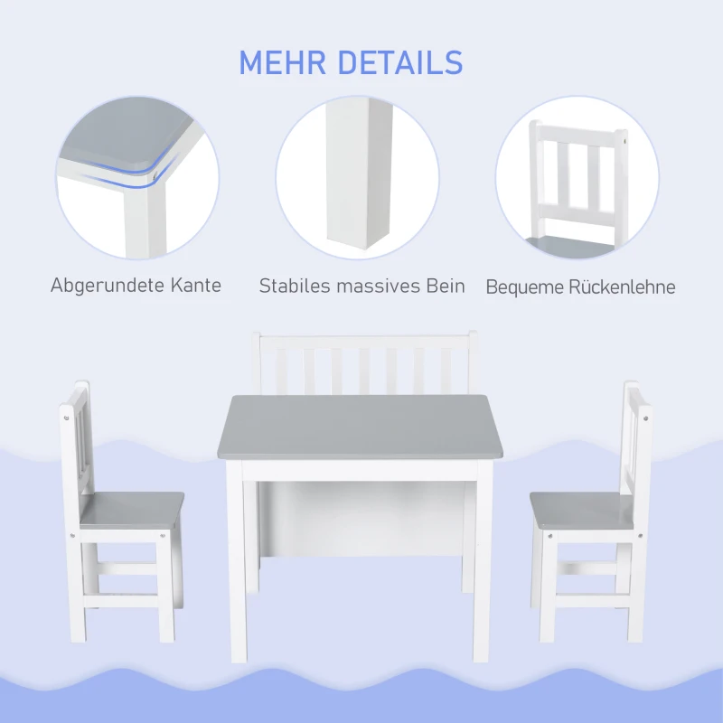 HOMCOM Kindersitzgruppe mit Kindermöbel Kindertisch Kinderstuhl Kinderbank für 3+ Jahre Kinder Kiefernholz MDF Grau+Weiß