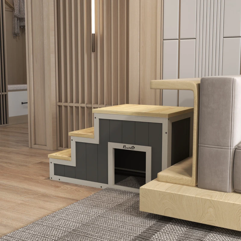 PawHut Haustiertreppe Hundetreppe, 3 Stufen, Kiefernholz, 79 cm x 38,5 cm x 45 cm, Natur + Weiß