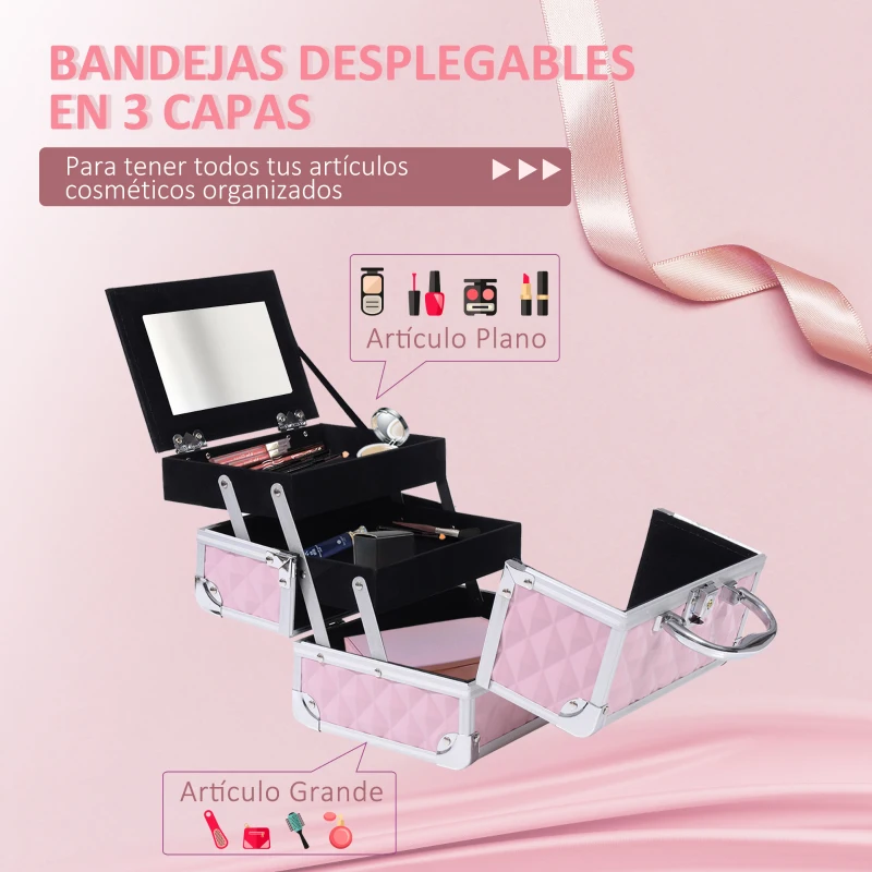 HOMCOM Maletín de Maquillaje Organizador Cosméticos Profesional Estuche de Maquillaje Caja de Belleza Portátil Con Espejo Cerradura Varios Compartimientos 20x15x15cm Aluminio