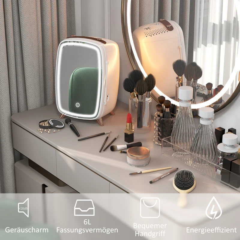 HOMCOM Minikühlschrank für Kosmetikprodukte, Getränke und Snacks, tragbar, mit beleuchtetem Spiegel, leiser Betrieb, 6L, Weiß