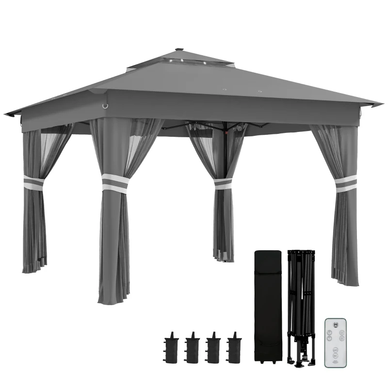 Outsunny 3.36 x 3.36m Pop Up Gazebo Party Tent with Solar-Powered LED Lights, Adjustable Event Shelter with Netting, Grey
