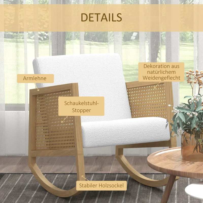 HOMCOM Schaukelstuhl im Boho-Design, Rattan-Dekor, weiche Polsterung, Stoffbezug, Naturholzrahmen, Creme