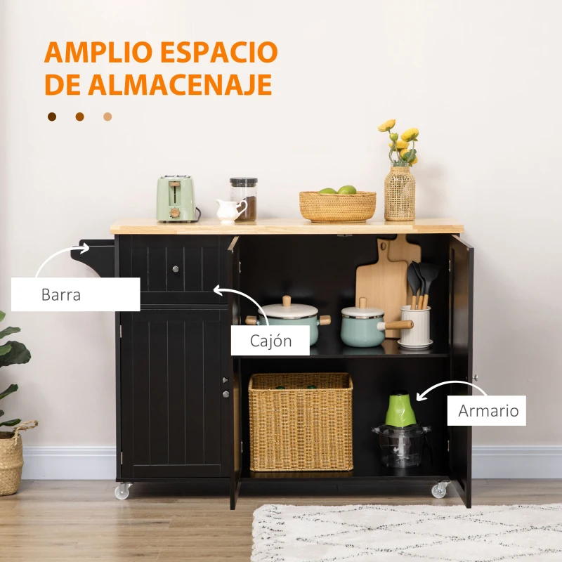 HOMCOM Isla de Cocina con Ruedas Carro de Cocina con Cajón Armarios con Estantes y Barra para Colgar 135x45x94,5cm Negro
