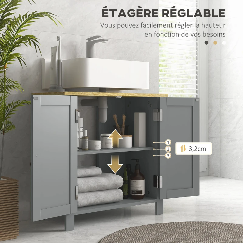 kleankin Meuble sous lavabo 2 portes étagère réglable 2 étages à l'intérieure poignées en PU 60 x 30 x 60 cm gris