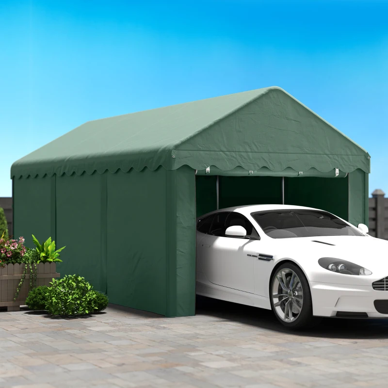 Outsunny 3x6 m Tragbarer Carport, Fahrzeugunterstand mit 2 Eingängen, Polyesterdach, für Autos, Boote, Gartengeräte, Dunkelgrün(m-9)