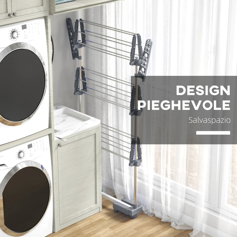 HOMCOM Stendino Verticale con 3 Ripiani Regolabili, in Acciaio e Plastica, 142x55x152 cm, Grigio e Argento